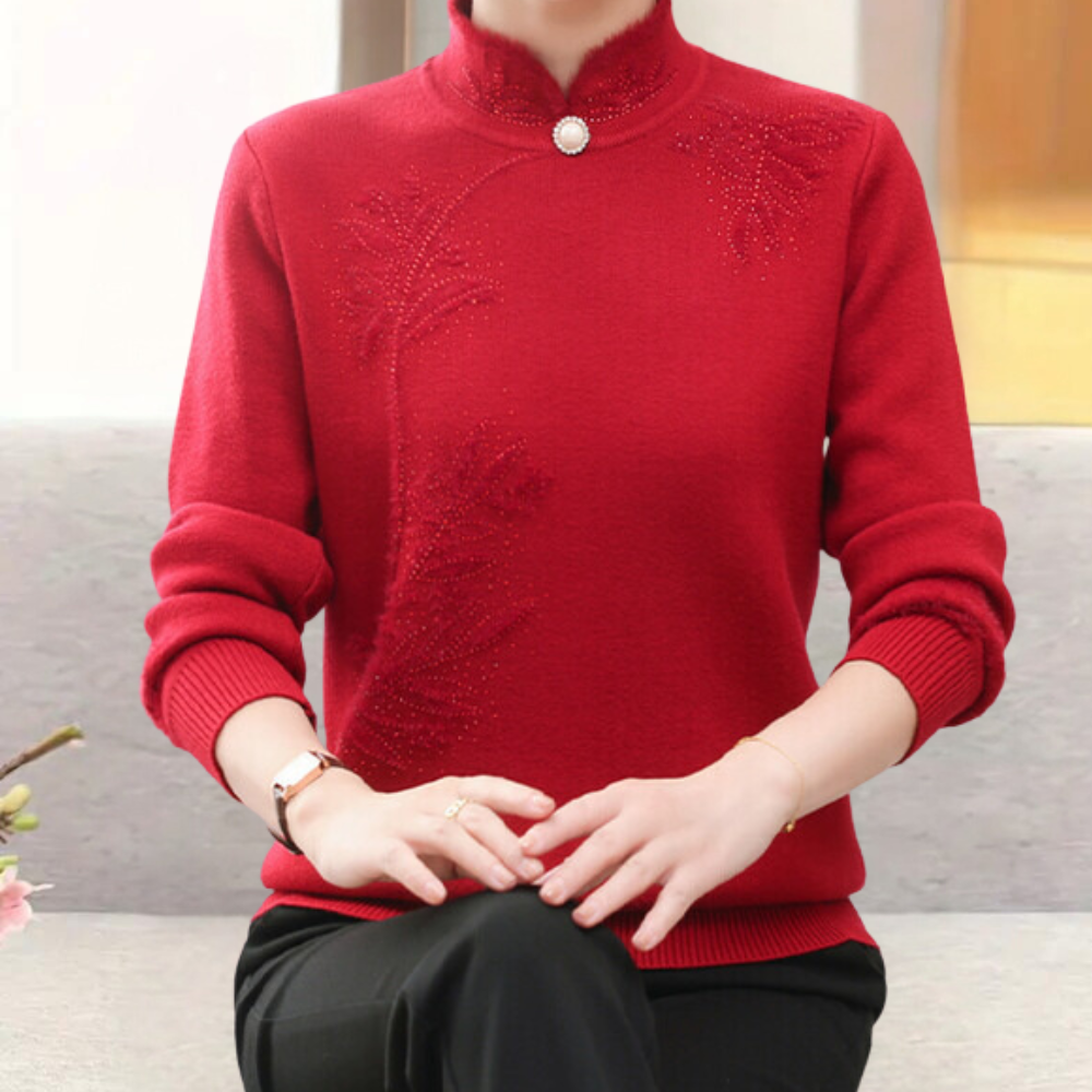 Knitted Ladies' Sweater with Floral Pattern and High Collar – Alfhild - 2