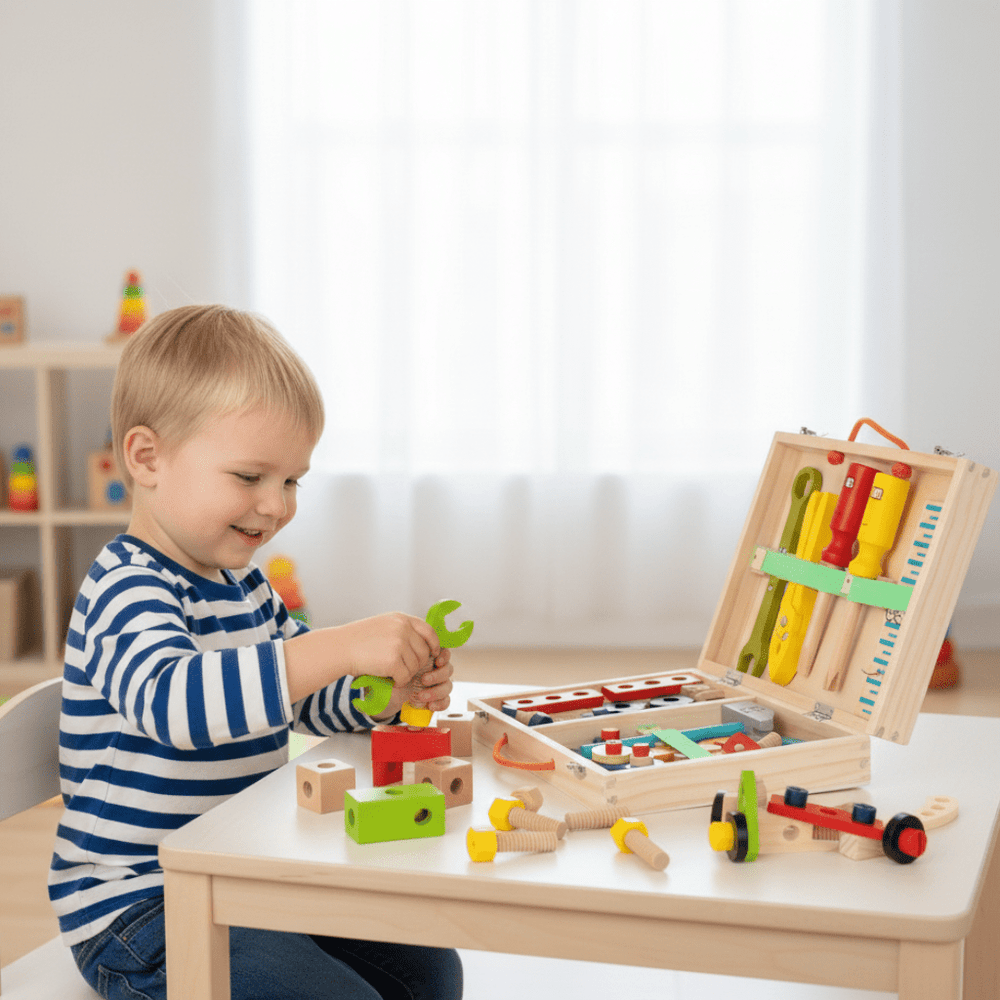 Montessori Wooden Tool Kit – Carry Case, Child-Safe Finish & Colorful Accessories