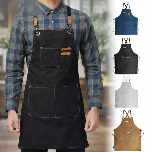 Canvas Work Apron – Cross-Back Straps, Multiple Pockets & Riveted Seams