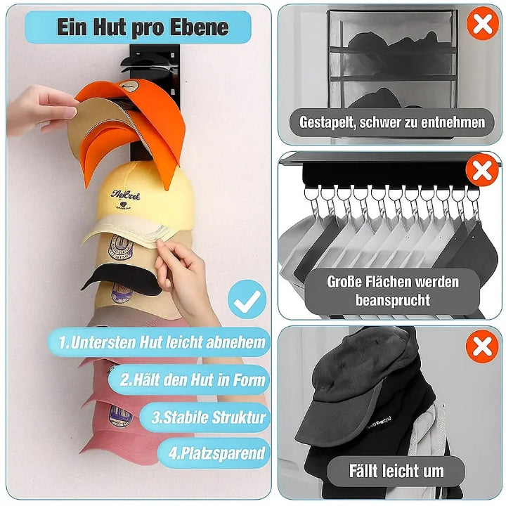 Wall-Mounted Cap Organizer – Store 10 Caps Neatly, No More Crushed Brims!