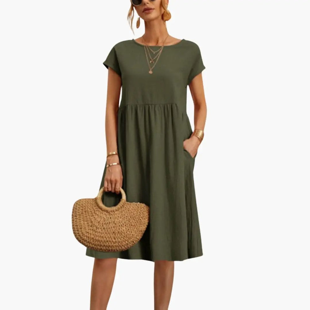 Women's Summer Dress – Round Neck, Short Sleeve & Side Pockets