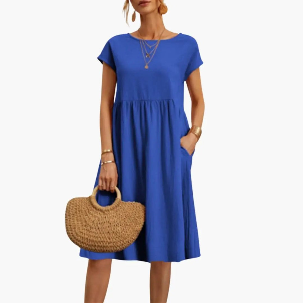 Women's Summer Dress – Round Neck, Short Sleeve & Side Pockets