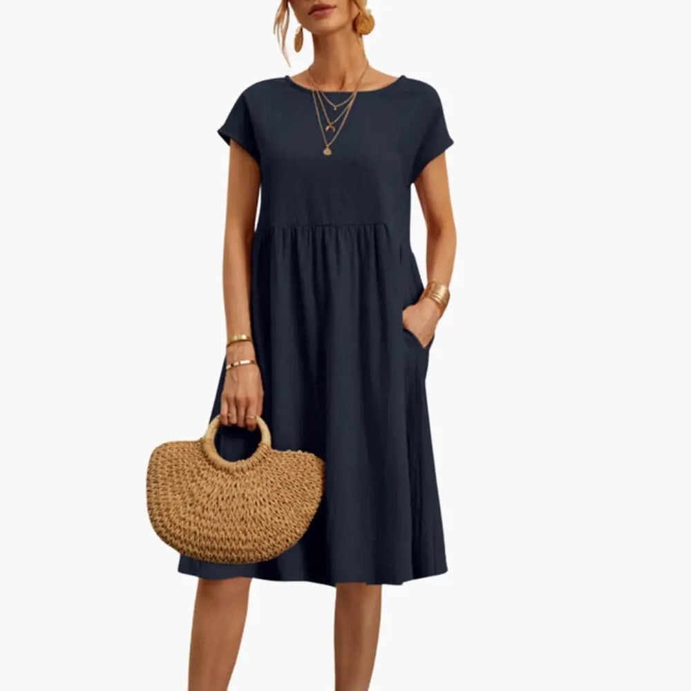 Women's Summer Dress – Round Neck, Short Sleeve & Side Pockets