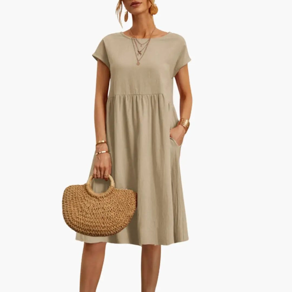 Women's Summer Dress – Round Neck, Short Sleeve & Side Pockets