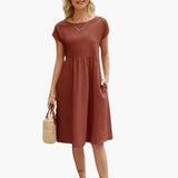 Women's Summer Dress – Round Neck, Short Sleeve & Side Pockets