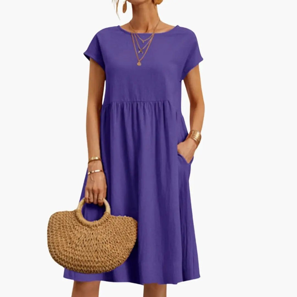 Women's Summer Dress – Round Neck, Short Sleeve & Side Pockets