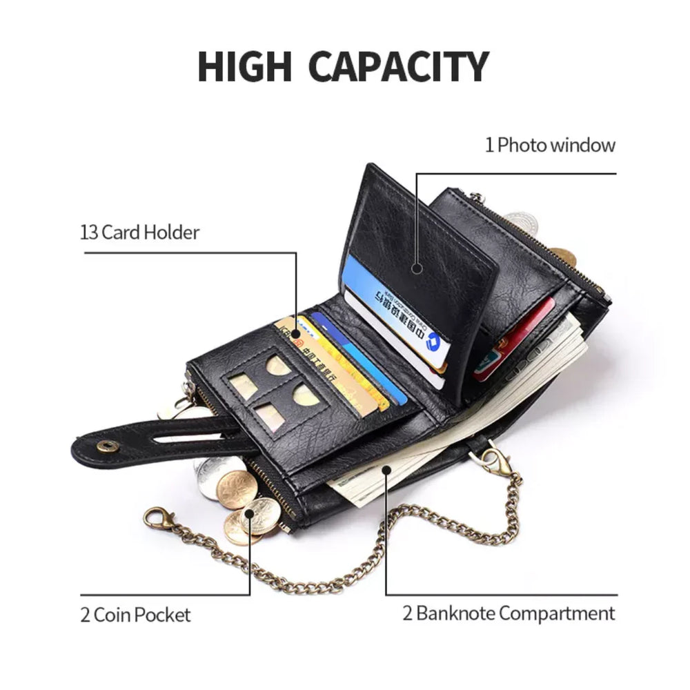 Optimized Product Title: **Retro Leder Brieftasche mit Kette – 13 Kartenfächer, Doppelreißverschluss & Stilvolles Design für Damen** 

This title includes relevant keywords while enhancing clarity and appeal for potential buyers.