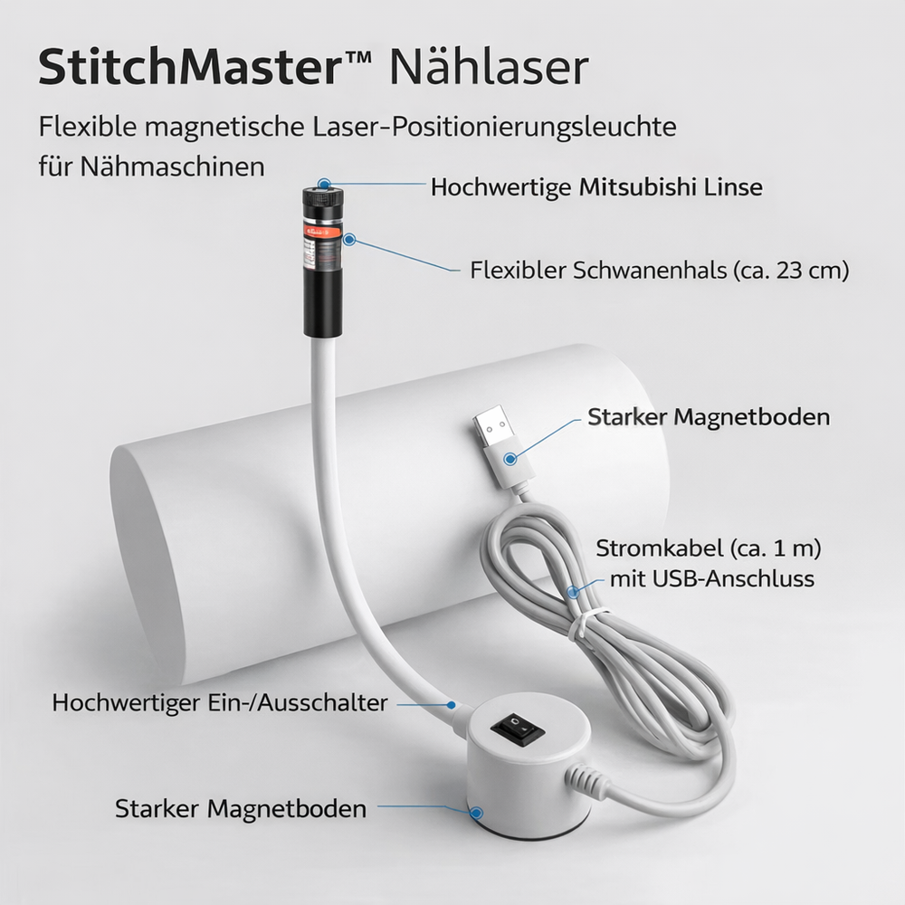 Magnetic Laser Sewing Guide – 3 Interchangeable Heads, 360° Gooseneck & USB 5V
