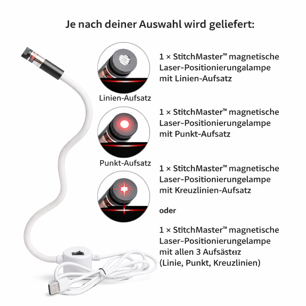 Magnetic Laser Sewing Guide – 3 Interchangeable Heads, 360° Gooseneck & USB 5V