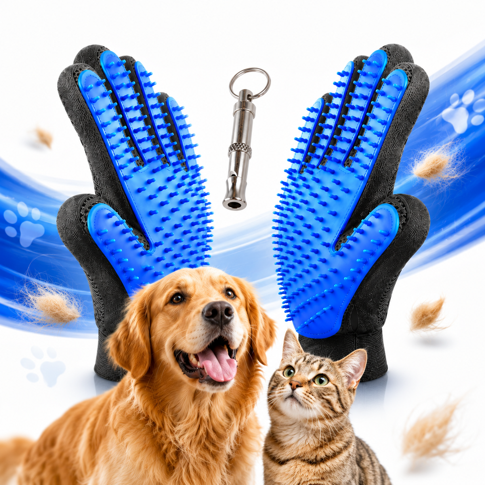 Pet Grooming Glove – 180 Silicone Tips, Massage Deshedding & Training Whistle