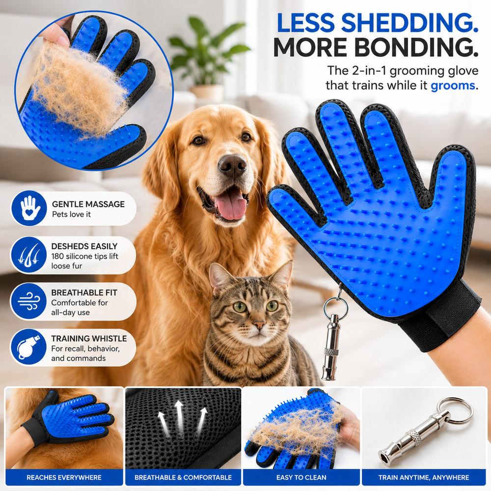 Pet Grooming Glove – 180 Silicone Tips, Massage Deshedding & Training Whistle