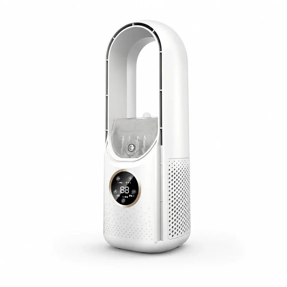 Bladeless Tower Fan – Humidifying Mist, Touch Display & 24-Hour Timer