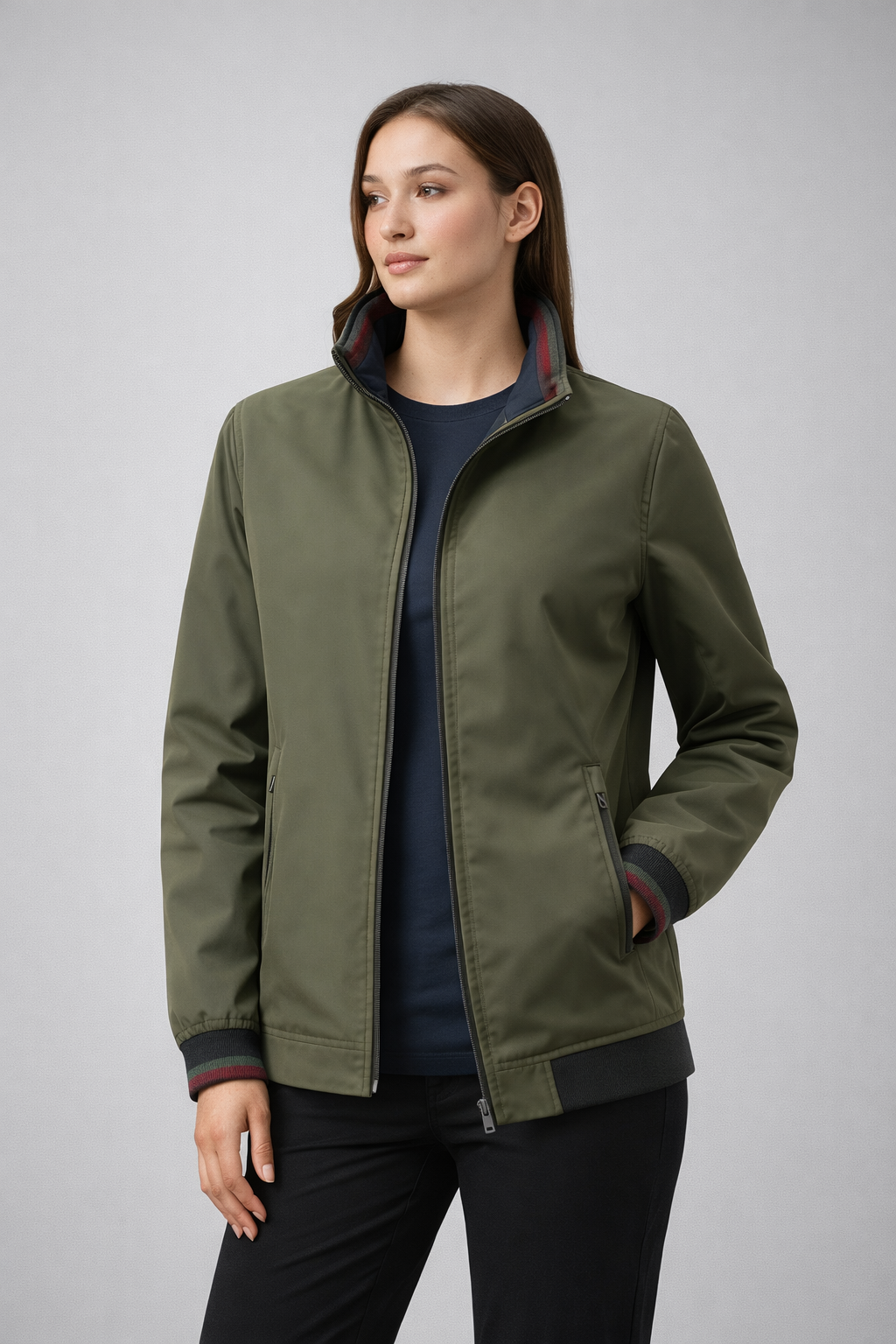 Men’s Casual Zip-Up Jacket with Stand Collar and Ribbed Cuffs