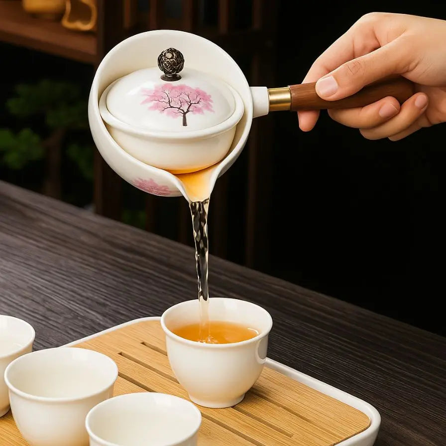 Cherry Blossom Ceramic Teapot – Color-Changing, Rotating Steel Strainer & Wood Handle
