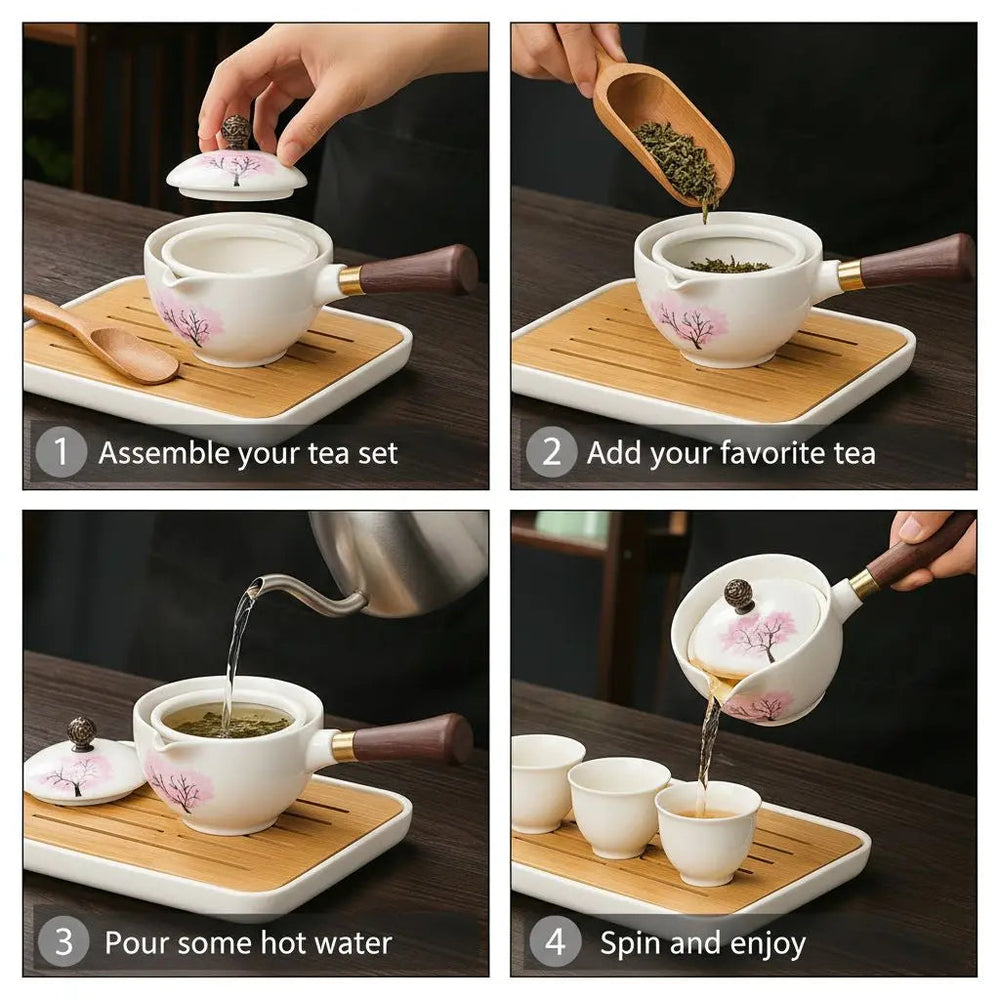 Cherry Blossom Ceramic Teapot – Color-Changing, Rotating Steel Strainer & Wood Handle