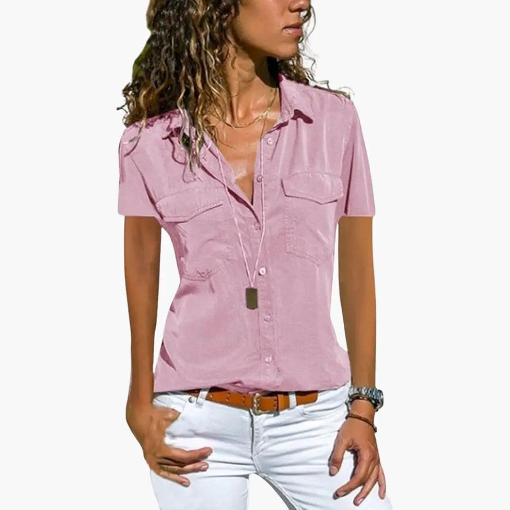 Women's V-Neck Blouse – Button Placket, Front Pockets & Short Sleeves