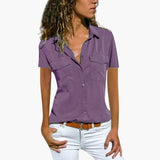 Women's V-Neck Blouse – Button Placket, Front Pockets & Short Sleeves