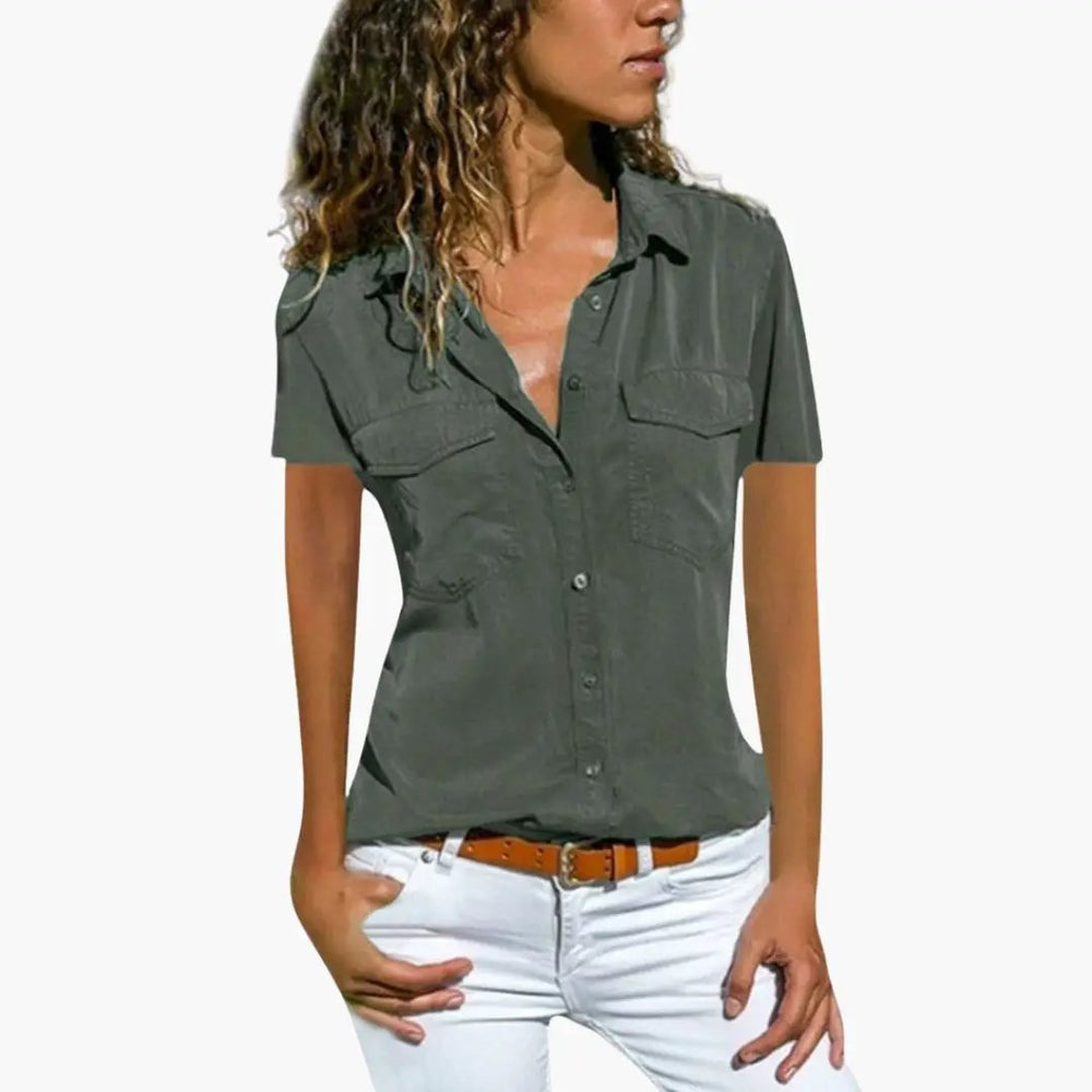 Women's V-Neck Blouse – Button Placket, Front Pockets & Short Sleeves