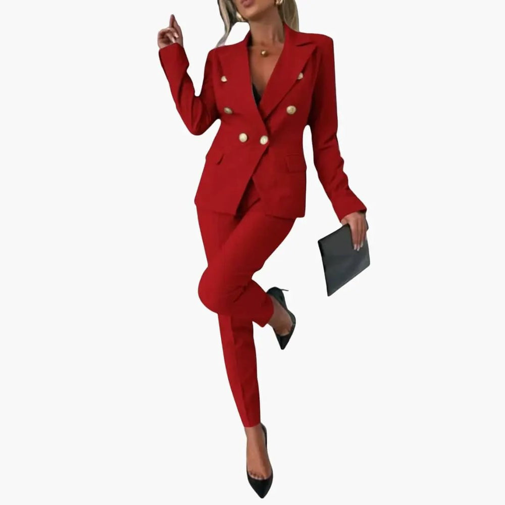 Women's Two-Piece Suit Set – Blazer, Slim Pants & Notched Lapel Collar
