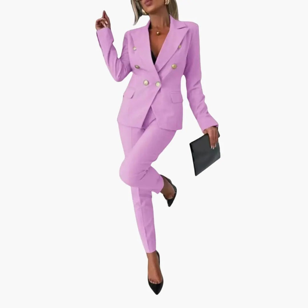 Women's Two-Piece Suit Set – Blazer, Slim Pants & Notched Lapel Collar