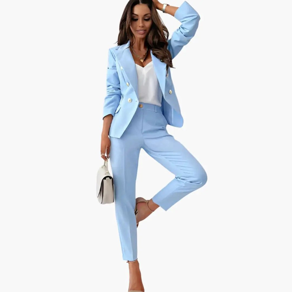 Women's Two-Piece Suit Set – Blazer, Slim Pants & Notched Lapel Collar