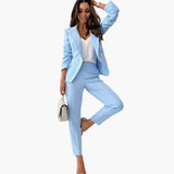 Women's Two-Piece Suit Set – Blazer, Slim Pants & Notched Lapel Collar