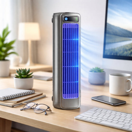 Desk Fan – Portable Tower Style, Three-Speed Control & Rechargeable Option