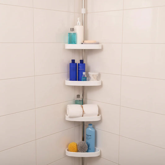 Tension Pole Shower Shelf – Adjustable, Corner & Bathroom Storage Rack