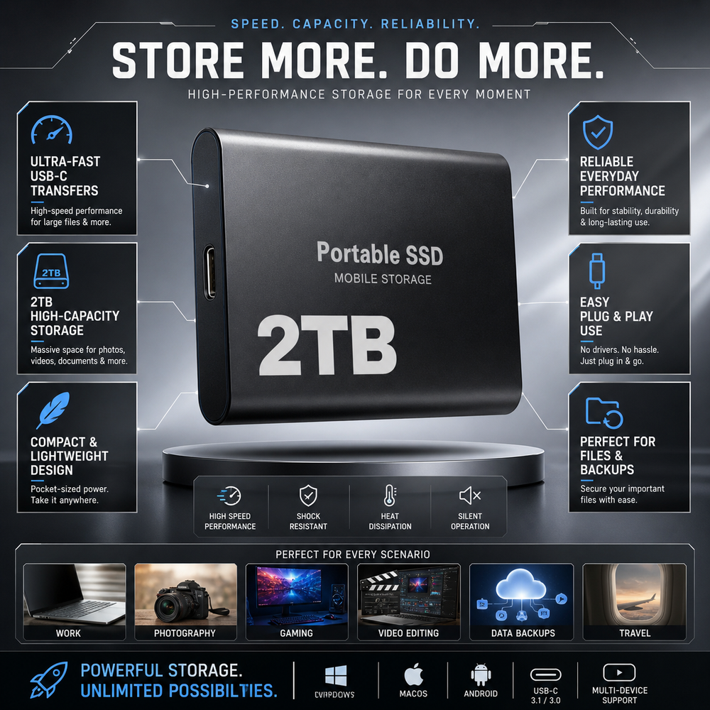 Portable SSD External Hard Drive – 2TB Capacity, USB-C Connectivity & Mobile Storage