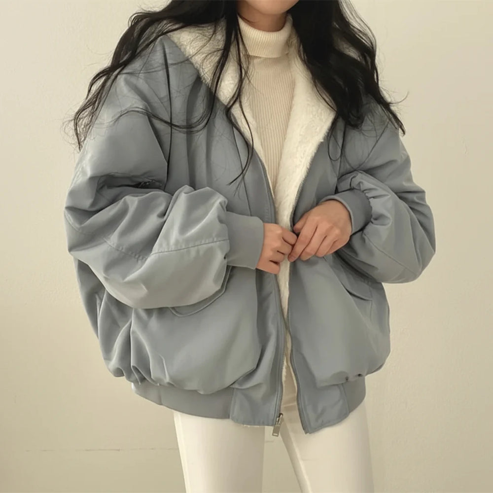Winter Jacket Women Shearling Lined Zipper Casual Coat