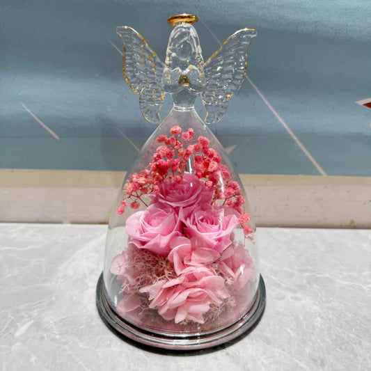 Preserved Rose Glass Dome – LED Light Display, Angel Design & Flower Gift