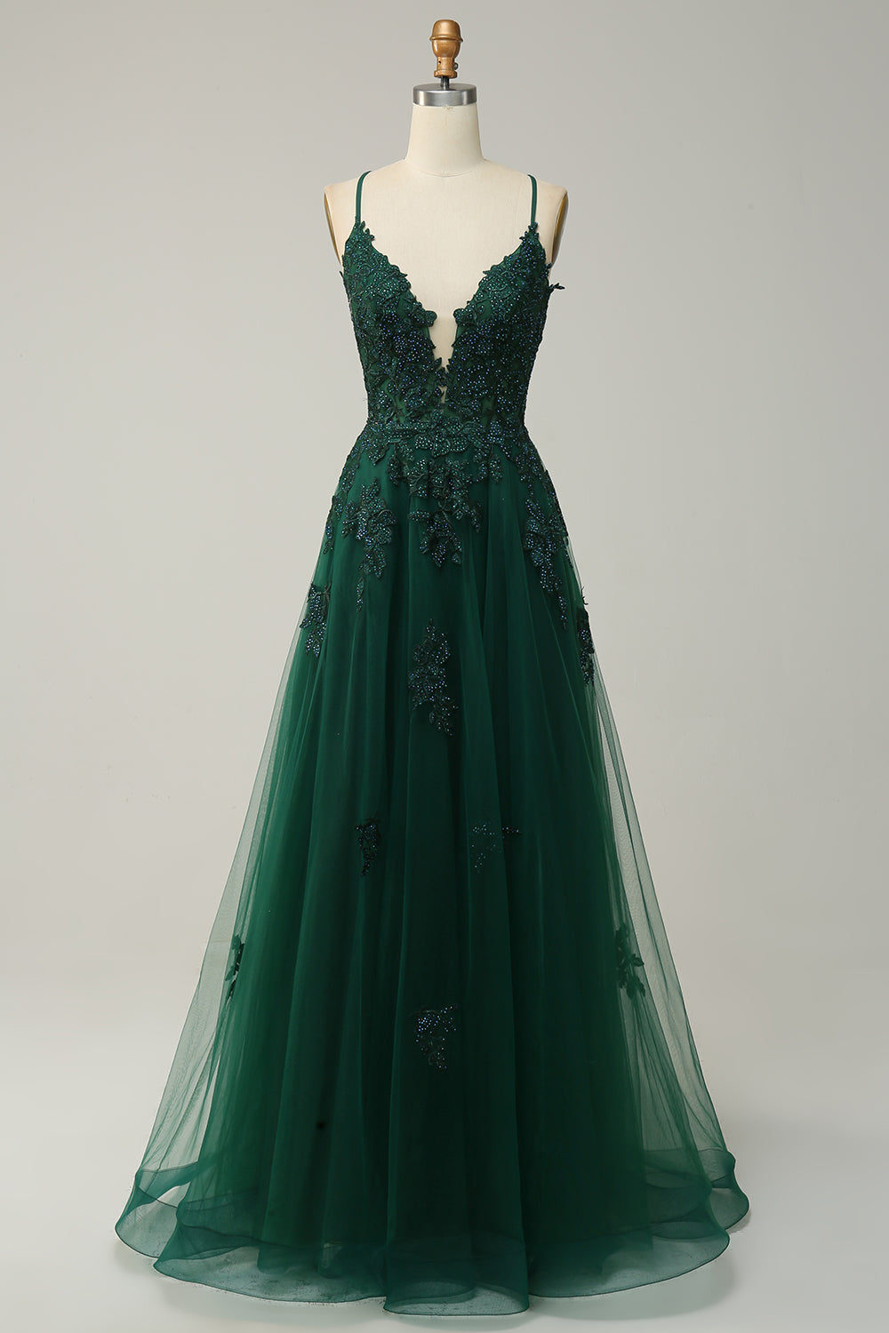 Julia Stylish A-Line Ball Gown with Spaghetti Straps & Lace-Up Back
