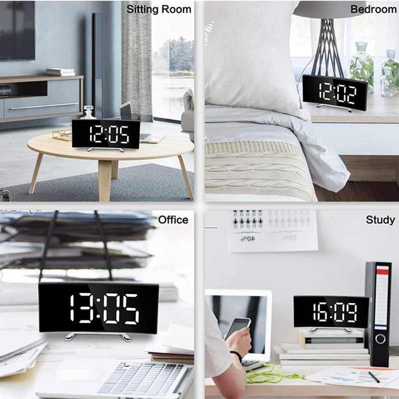 LED Digital Alarm Clock – Curved Mirror Display, Temperature & USB/Battery Power
