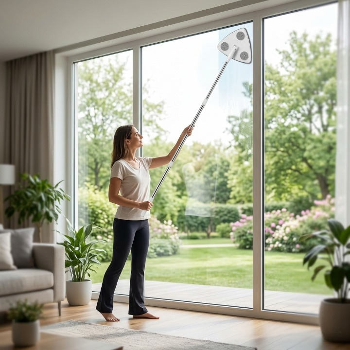 Triangular Window Cleaner with Telescopic Pole – 360° Swivel Head, 110–160cm & Microfiber Pads
