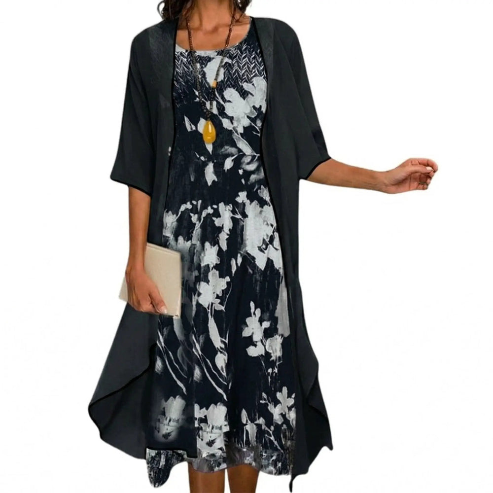 Women's Floral Maxi Dress Set – Layered Cardigan, Round Neck & Long Length