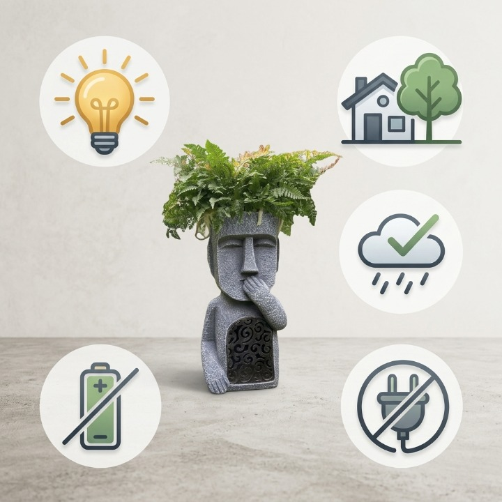 Optimized Product Title: "Abstraktes Gesicht Pflanzgefäß mit Solar-LED-Licht – Dekoratives Gartenaccessoire für Innen und Außen" 

This title includes relevant keywords while providing a clearer description of the product's features and uses.