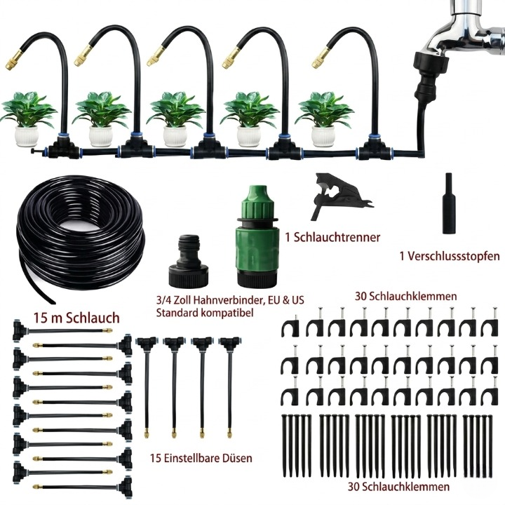 Garden Misting System 15m – 15 Copper Nozzles, Adjustable Flow & Tool-Free Setup
