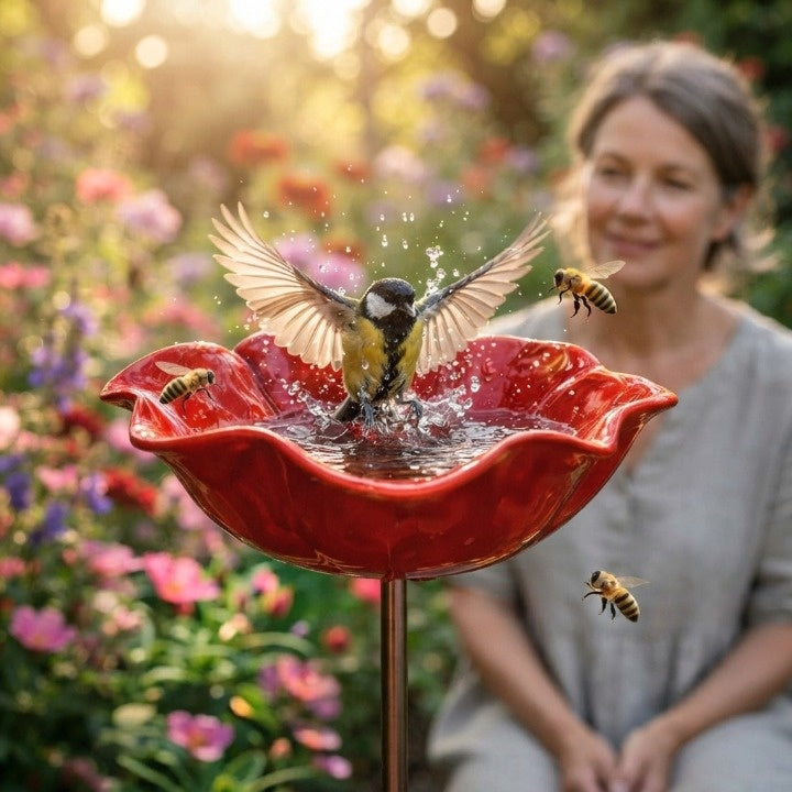 Vogeltränke aus Metall – Mohnblüten-Design für Garten & Balkon