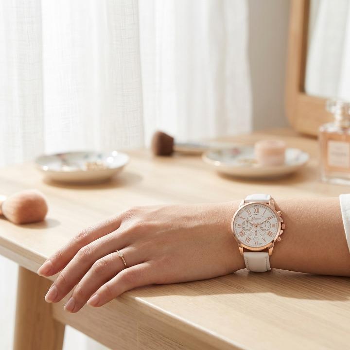 Women's Leather Watch – Genuine Strap, Roman Dial, 42mm & Splash-Proof