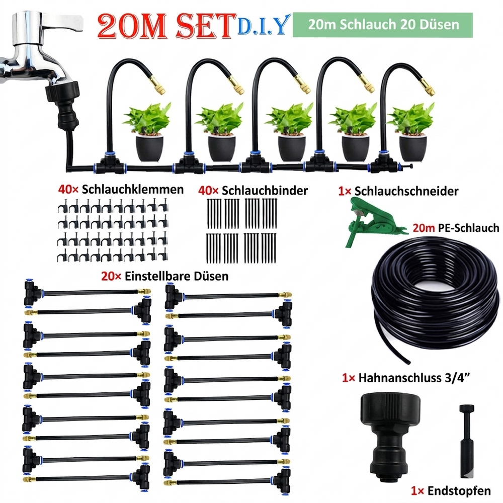 Garden Misting System – 20m Hose, 20 Brass Nozzles & Tool-Free Setup