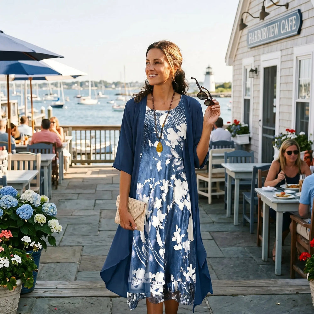 Women's Floral Maxi Dress Set – Layered Cardigan, Round Neck & Long Length