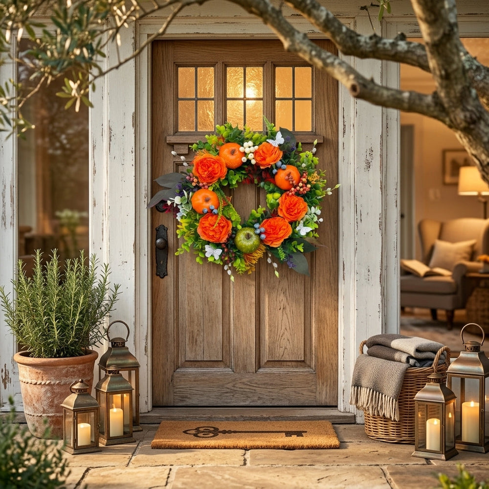 Fall Halloween Wreath with Artificial Flowers and Pumpkins - 40cm