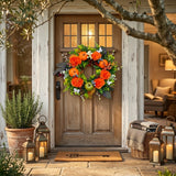 Fall Halloween Wreath with Artificial Flowers and Pumpkins - 40cm