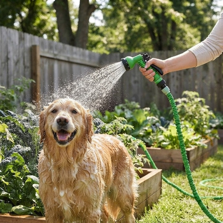 Expandable Garden Hose with 7-Function Spray Nozzle – 3x Stretch, Green & Standard Fittings