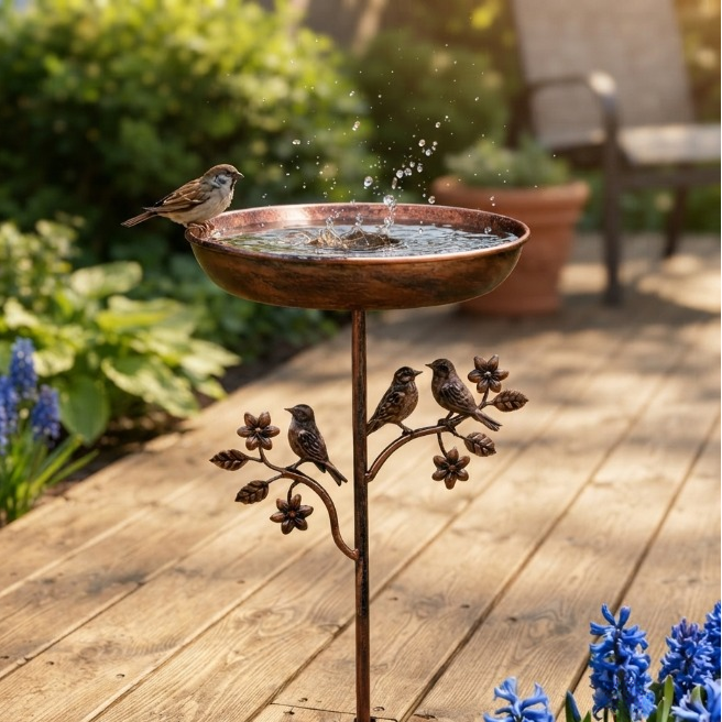 Vintage Kupfer-Optik Vogeltränke mit Dekorativem Metallspieß – Stilvolle Gartenaccessoires für Vögel