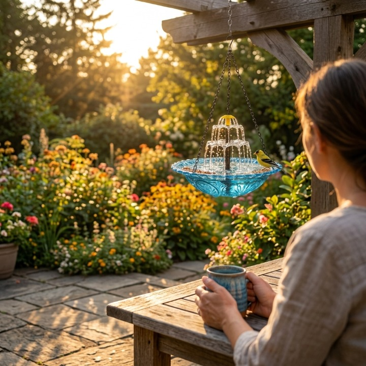 Hanging Solar Bird Bath Fountain – Wireless, Weatherproof & 25.5cm Glass Bowl