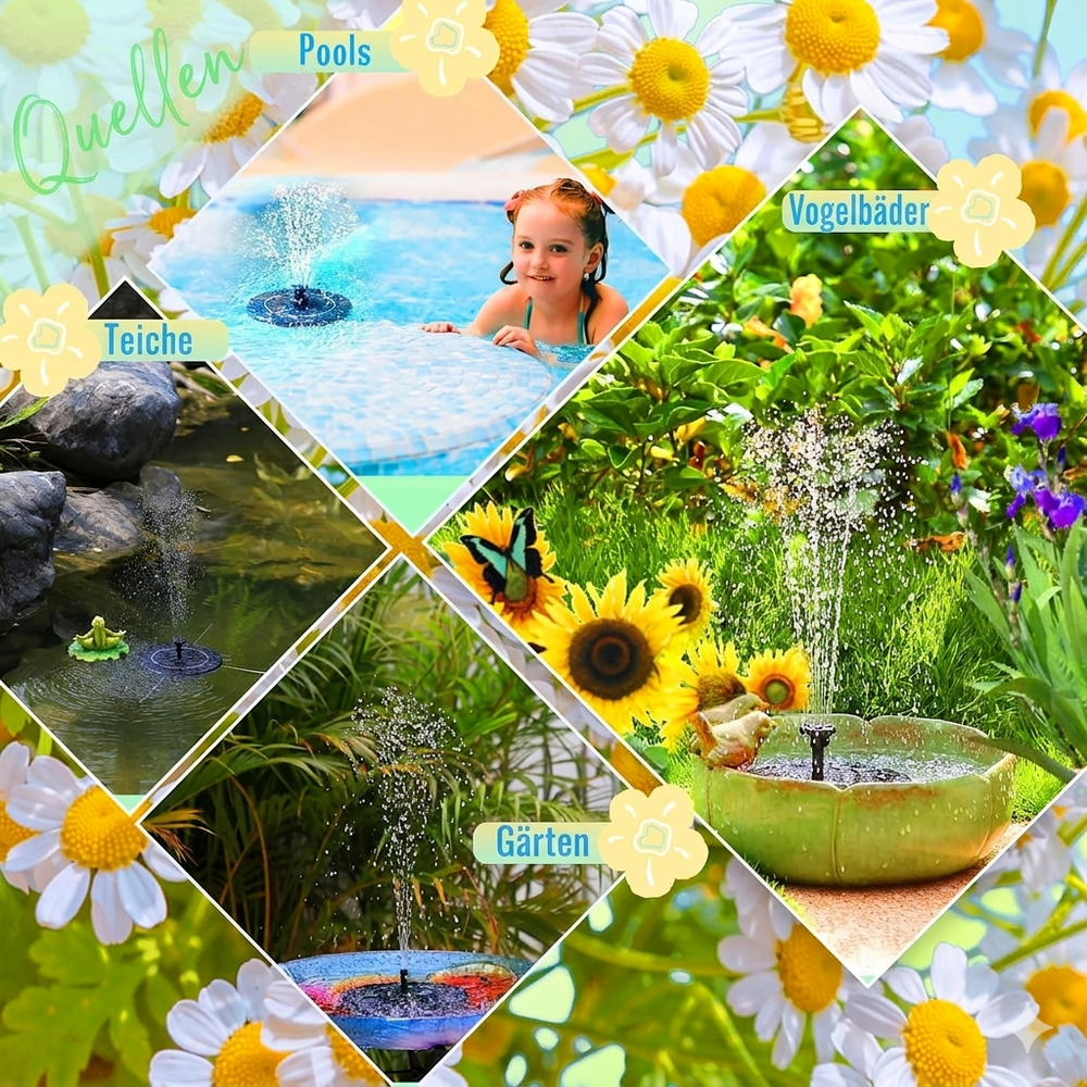 Solar Water Fountain – Wireless, 4 Nozzles, Ø 16 cm for Bird Bath & Pond