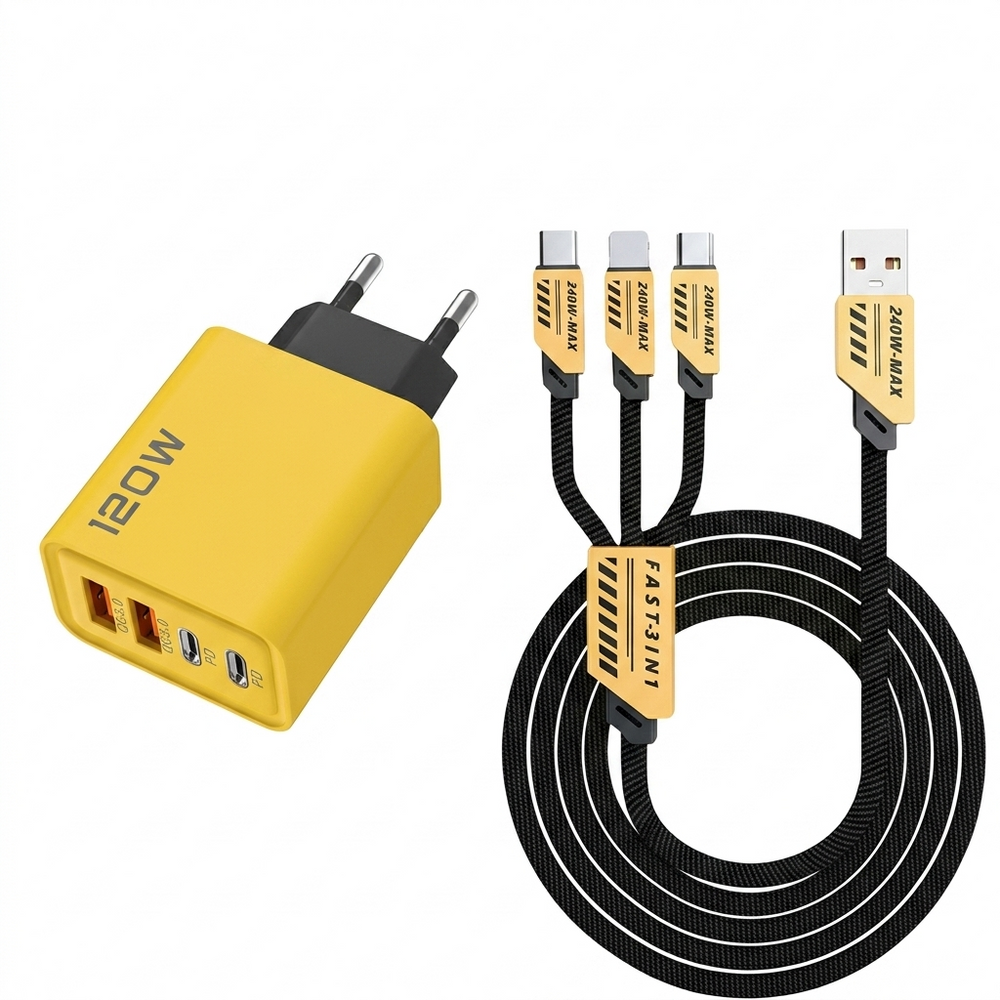 4-Port USB Fast Charger – 120W, 2× USB-C PD & 2× USB-A QC3.0, EU Plug