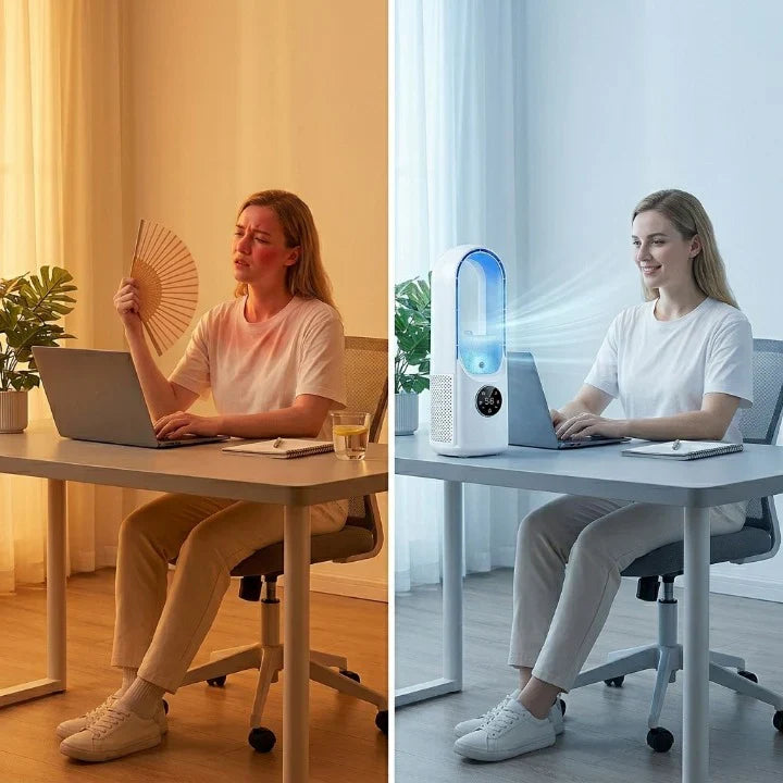 Bladeless Tower Fan – Humidifying Mist, Touch Display & 24-Hour Timer