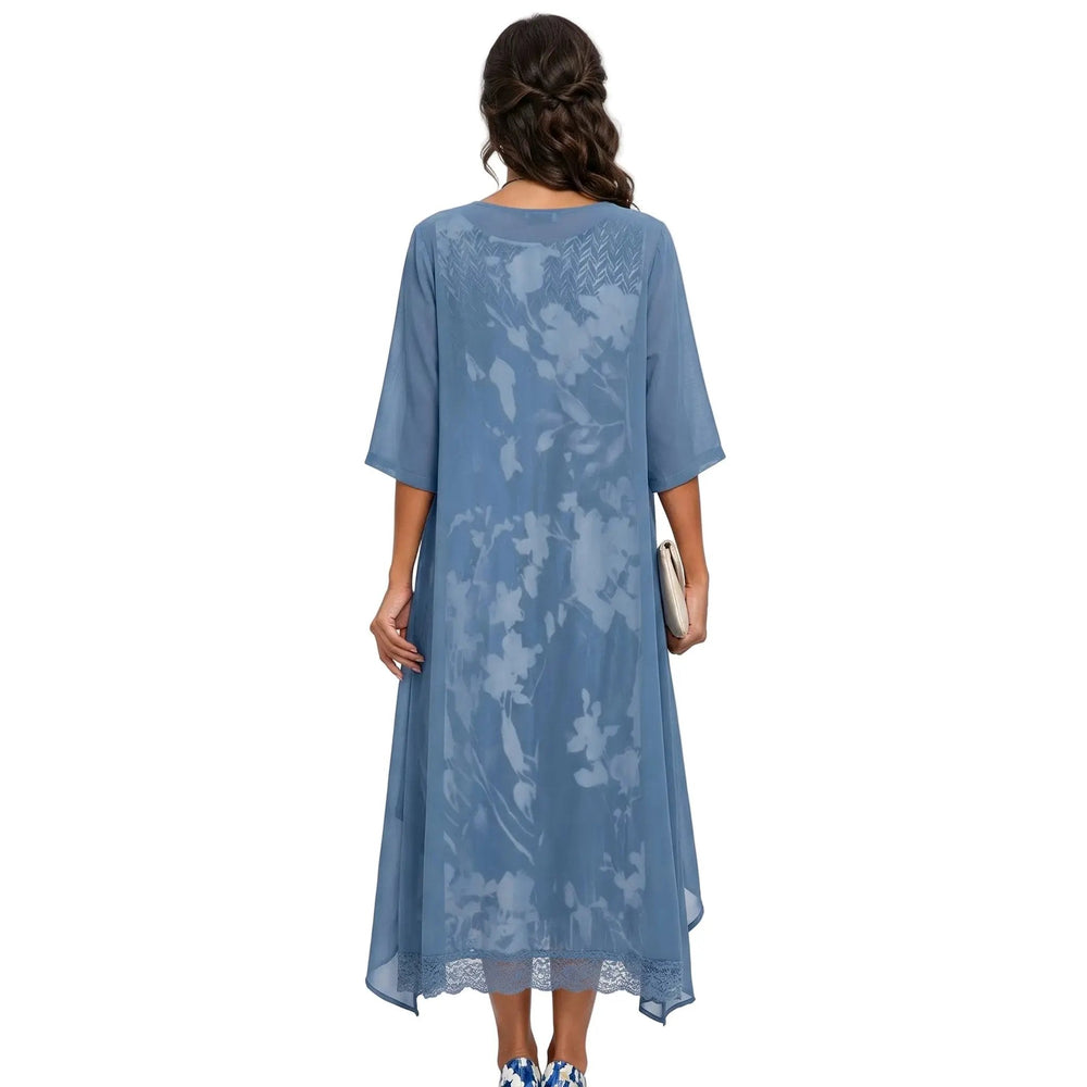 Women's Floral Maxi Dress Set – Layered Cardigan, Round Neck & Long Length